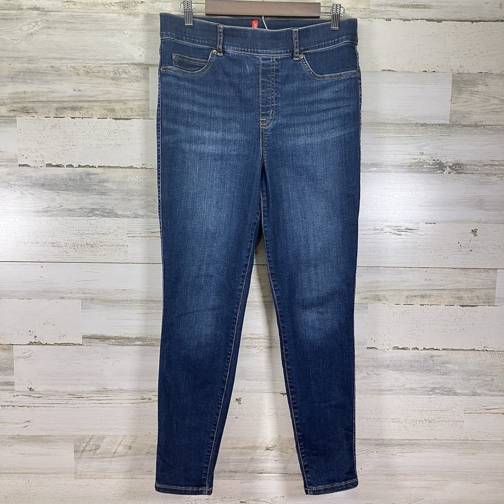 SPANX Womens Blue Pull On Stretch Tapered Leg Medium Wash Jeans Size L